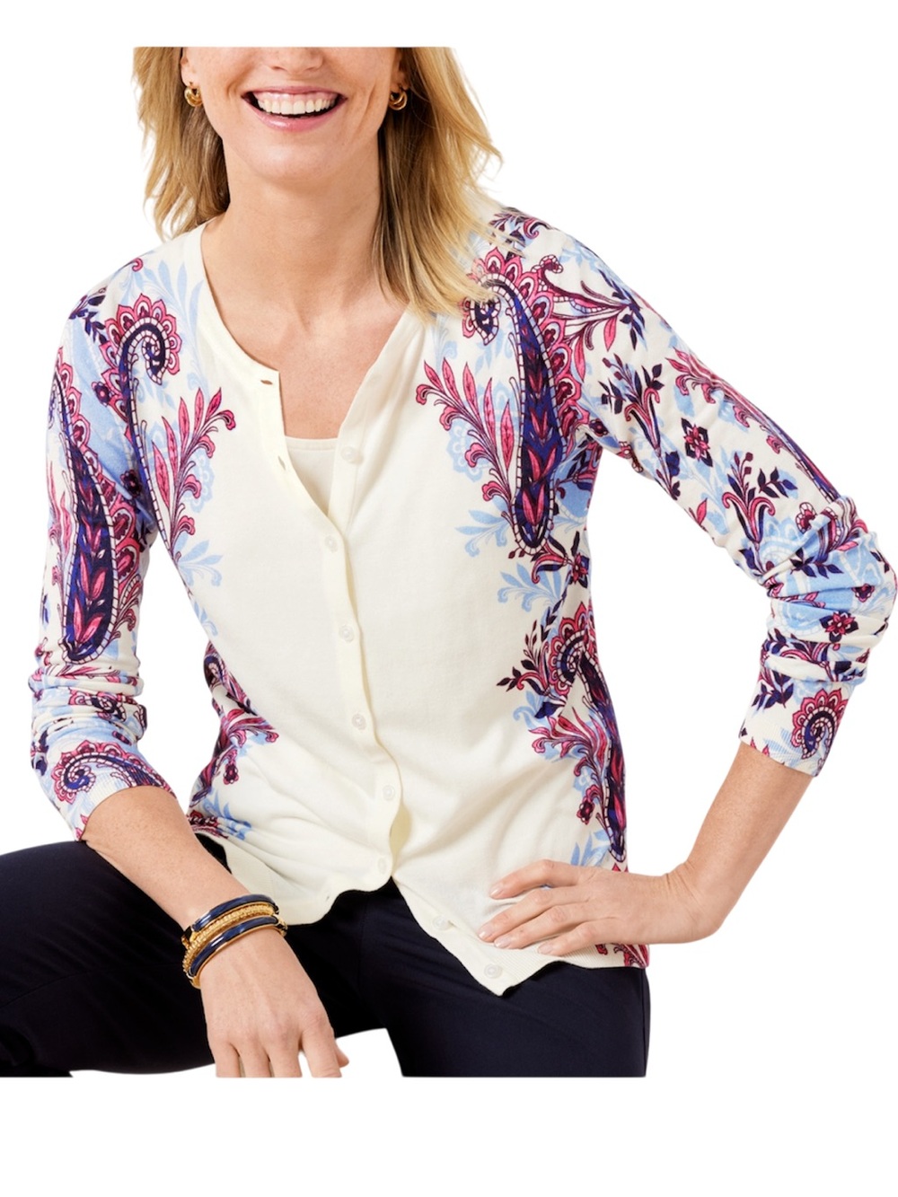 Talbots Cream Paisley Button-Front Cardigan Sweater